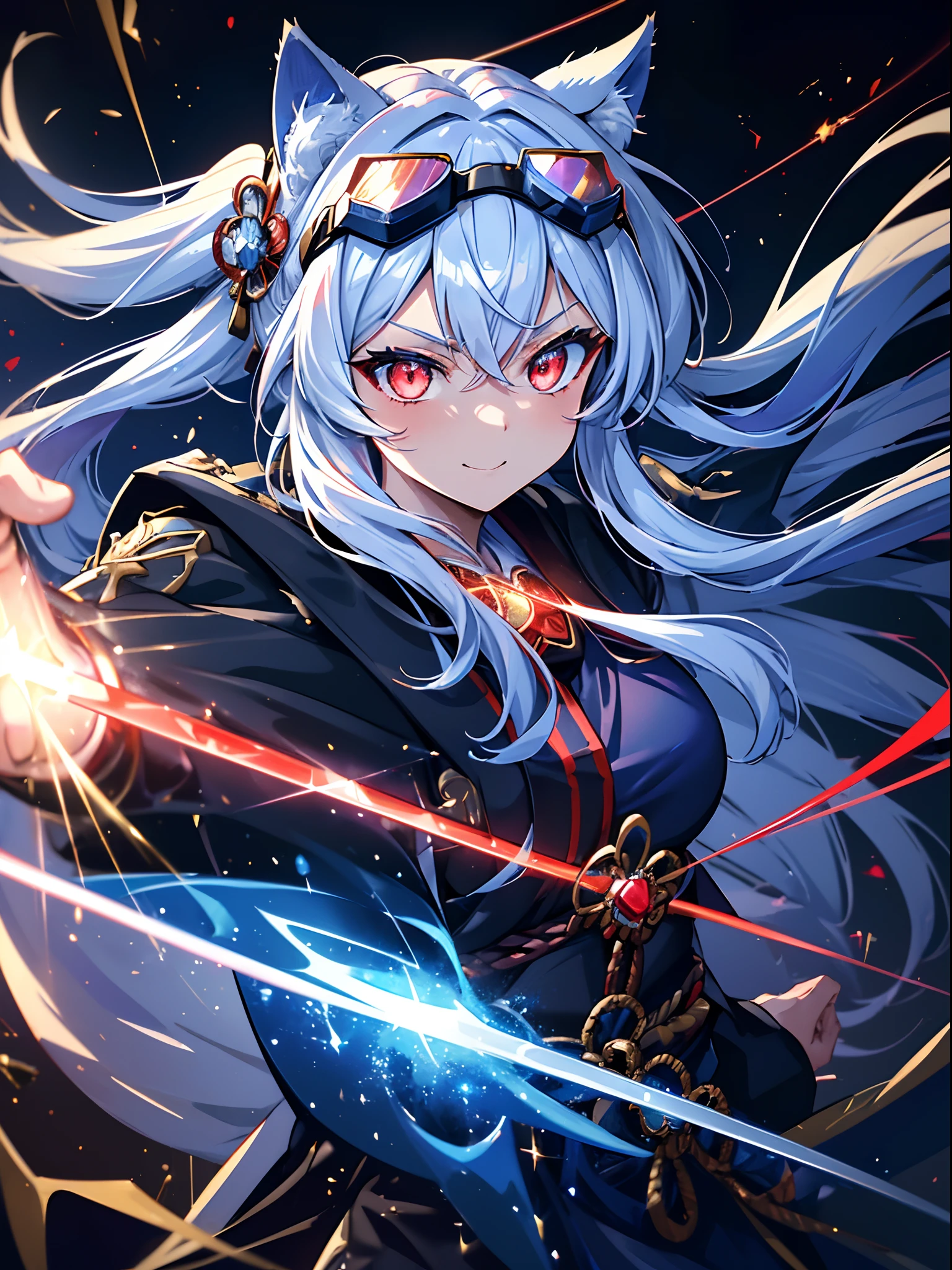 (Perfectly accurate white long hair:1.5),(She has cat ears:1.3) ,(hair messy:1.3),(Stardust Red Eyes:1.3), (perfectly detailed eyes:1.3),(Adult leeway:1.3),(Face Focus:1.3),(breast closeup:0.7), (Wear detailed blue goggle-shaped goggles on your head:1.4),(wrath:1.3),(Happy expression:1.3),(provocative smiling:1.3),(Maiden waiter:1.3),(Extended Video Angle:1.4),(A magical samurai wielding a fire torpedo:1.3),(Battle angles that unleash the magic of flames from your hands:1.3),(dance:1.3),Her skin is pale,(Blue, White and gold war samurai armed:1.3),(small tit:1.5),(Blue military uniform jacket with red straps on shoulders and back:1.3),(Black and gold and red pirate suit:1.3),(Blue Lightning Brave Sword:1.3),She is a handmaiden,Emitting an aura of light,(Face Zoom:1.3),Highest Quality, (Gripping the samurai's sword accurately:1.3),(Many blue glowing blades fly around her:1.3),Complex castle town,Lens Flare, Big rainbow,The moon shines,money, bloom, ((light glow)), chromatic abberation], Digital Painting, Insane details, Intricate details, Beautifully color graded, Anime Clothing,Unreal Engine, Cinematic , colour grading, Editorial Photography , Photography, Kiss Shot, Canon 5D Camera Photography,Shot on 70mm lens, Depth of subject, ultra sharpness, nffsw, octane, Unreal, Dramatic light, Global Illumination,Motion Picture Film,rainbow,lensflare,(Blue Cross and Shooting Star Aura Wave:1.3),(Blue samurai cloak、Red string:1.3),(Agfacolor:1.3),(close portrait:1.3),(Feminine:1.4),(Beautiful:1.4),(Attractive:1.3),Move an angle,Themed Background,