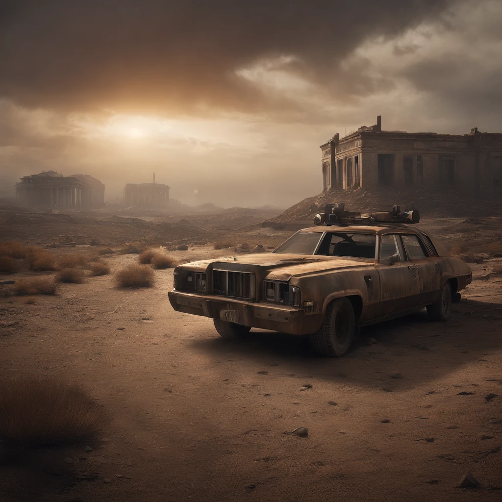 (((Post apocalyptic scenario, Desolate atmosphere, Dystopian landscape))) Postmodern wasteland punk rebels