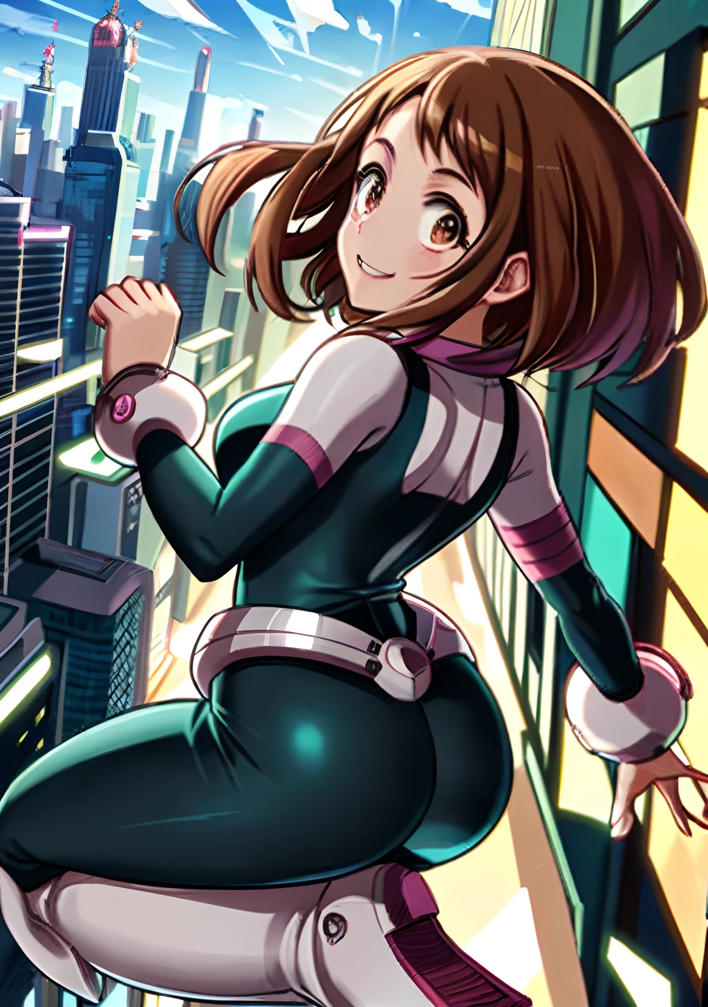 [ochako uraraka; Boku no hero academia], ((high quality)), ((solo portrait)), ((back view)), ((full body)), ((HD)), ((anime)), ((cel shading)), ((detailed shading)), ((intricate details)), {ochako, (rosy cheeks), big round brown eyes, short brown hair, short eyelashes, large boobs, (curvaceous hips), (beautiful lips), (excited smile)}, {(hero costume), (bodysuit)}, {(dynamic pose), (on top of skyscraper), (looking back)}, [Background; (blue sky), (city), (skyscrapers)]