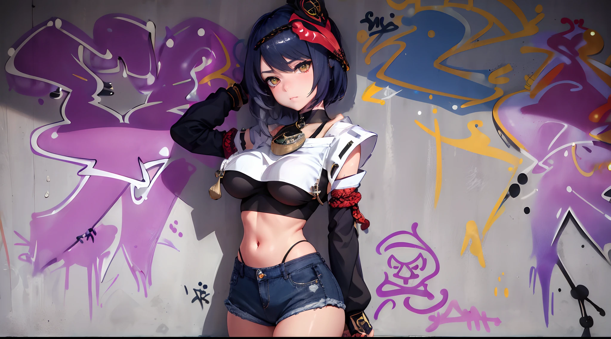 estilo anime, mujer grafitera, grafiti en la pared,  desnuda contra la pared, gorra de lado, colores vivos, buena figura, buenas curvas, tatuajes maxima calidad, ultra detallado, 8K, cuerpo entero