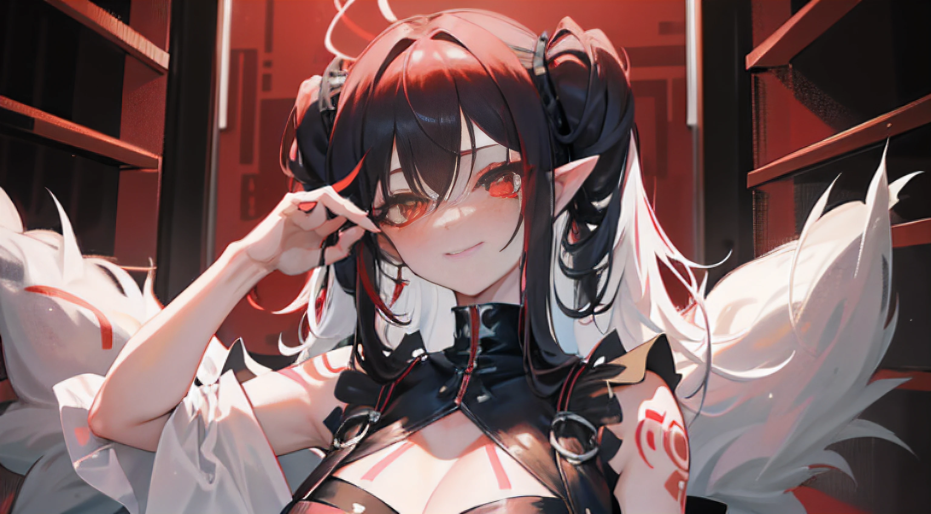 a hot anime girl in her 20's with medium length hair thats white on the outside and red on the inside looks at the viewer seductively, her bangs stopping near her long enticing eyelashes. she wears goth clothing showing her curves but leaving room for imagination, her pointy ears have a faint blush to them as she smiles at the viewer. she also tattoos.