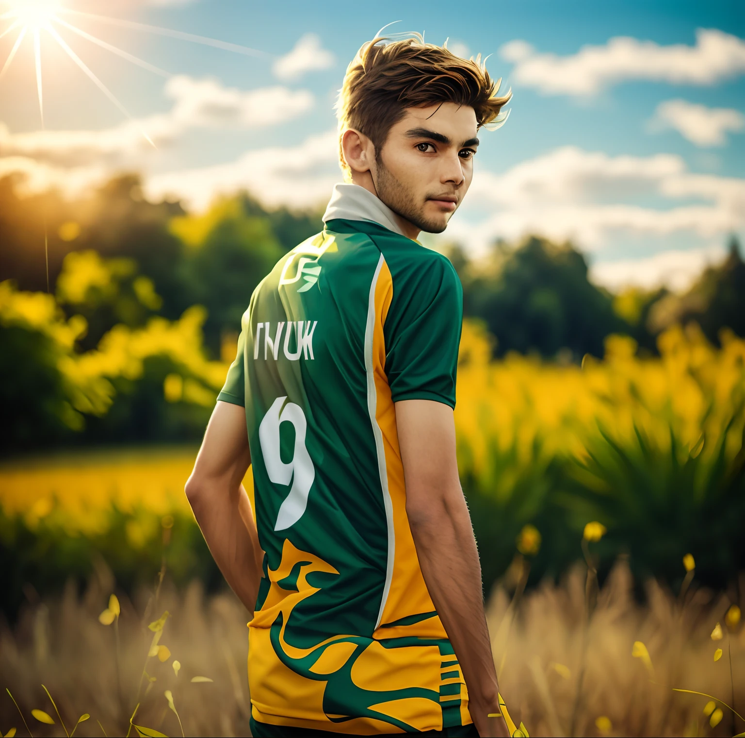 there is a young man standing in a field,candid picture, wearing a jersey, looking back to the camera, clear face, greenery around, little smoke around, sunlight, realistic, hyper realistic, 8k