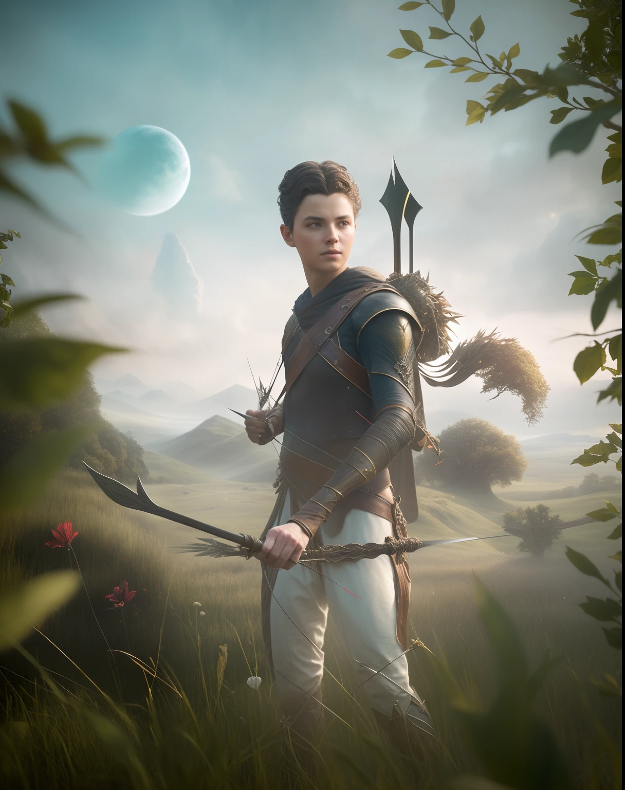 there is a man holding a bow and arrow in a field, matte painting portrait shot, realistic fantasy render, fantasy genre portrait, 3 d render and matte painting, young adult fantasy novel cover, inspired by Rudy Siswanto, fantasy character photo, photo manipulation, (octane render) fantasy style, in matte painting, matte painting in fantasy style, realistic fantasy photography
