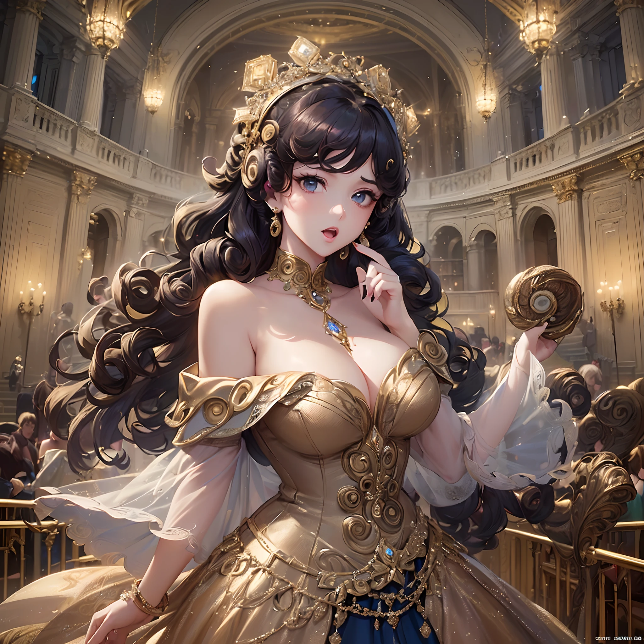 ((Finest quality)),(超A high resolution),(ultra-detailliert),(Meticulous portrayal),((Best Anime)),(Finest works of art),sharpnes,Clair, (Female opera singer in an elaborately designed off-the-shoulder dress:1.5),Intricately designed jewelry:1.3,(Curled Hair:1.5),Proportioned proportions:1.4, Opera House,Singing on stage