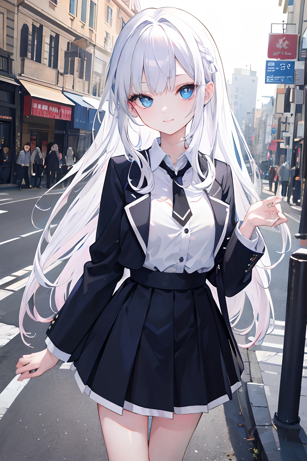 masterpiece、top-quality、absurderes、1 、kawaii、Bright blue eyes、White hair、Hair with pink mesh、eye-length bangs、Very Longhair、big tits、Ultra-short stature、Black Blazer、Do not fasten buttons on the blazer、white shirt、neck tie、a black skirt、Black tights、A slight smil、A slender、limbs are thin、extremely detailed eye and face、Bright and gentle lighting、street corner、
