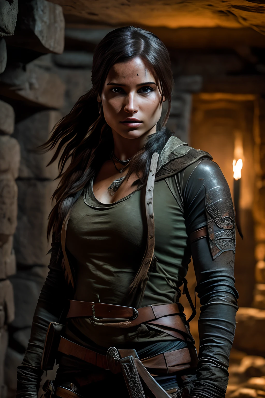 A highly detailed and realistic photograph capturing the essence of a young woman tomb raider. Show her with intense determination, clad in weathered attire, wielding ancient artifacts, in a dimly lit underground chamber with intricate carvings and mysterious symbols adorning the walls.