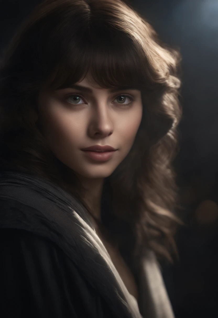 (Ultra Realistic), (Illustration), (Increased Resolution), (8K), (Extremely Detailed), (Best Illustration), (Beautiful and Detailed Eyes), (Best Quality), (Ultra Detailed), (Masterpiece ), ( wallpaper), (detailed face), solo, 1 girl, looking at viewer, fine details, detailed face, in the dark, deep shadows, low key, pureerosfaceace_v1, smiling, long hair, black shawl straight hair , 46 points oblique bangs