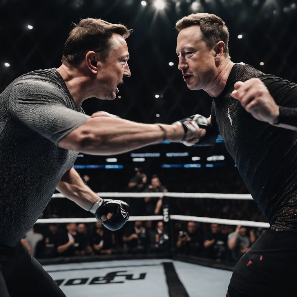 Create a image depicting elon musk hitting a punch to mark Zuckerberg in a ufc cage match with thousands of people watching them showing both mark and elon's face.