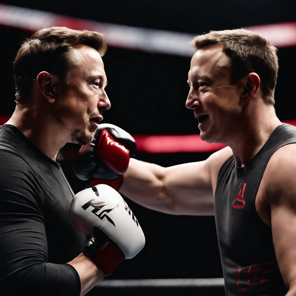 Create a image depicting elon musk hitting a punch to mark Zuckerberg in a ufc cage match with thousands of people watching them showing both mark and elon's face.