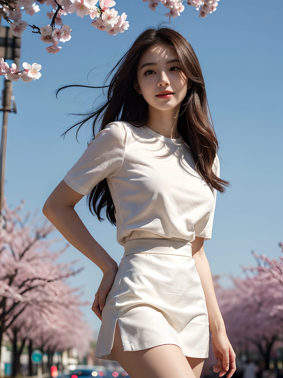 best qualtiy，tmasterpiece，超高分辨率，（真实感：1.4），RAW photogr，1girll，long whitr hair，Face Highlighting，Pure，Girly，Flushing，18yr old，18-year-old smiling female classmate，Pure，Innocent，（best qualtiy，8K，tmasterpiece:1.3），Goose egg face，largeeyes，long eyelasher，Exquisite（live-action realistic style），Star-like eyes，Ultimate face，Photorealistic light and shadow，Clear facial features，Milky white skin，Fair skin， highdetailskin， Realistic skin details， Visible Pore，（Super detail），（perfect bodies：1.1），long whitr hair，（dynamicposes），((Dynamic background((volumettic light：1.3))，huge tit，Sakura blossoms，Short skirt that wraps around the hips，liberta，Dashing，long leges，Shunguang，Street photography