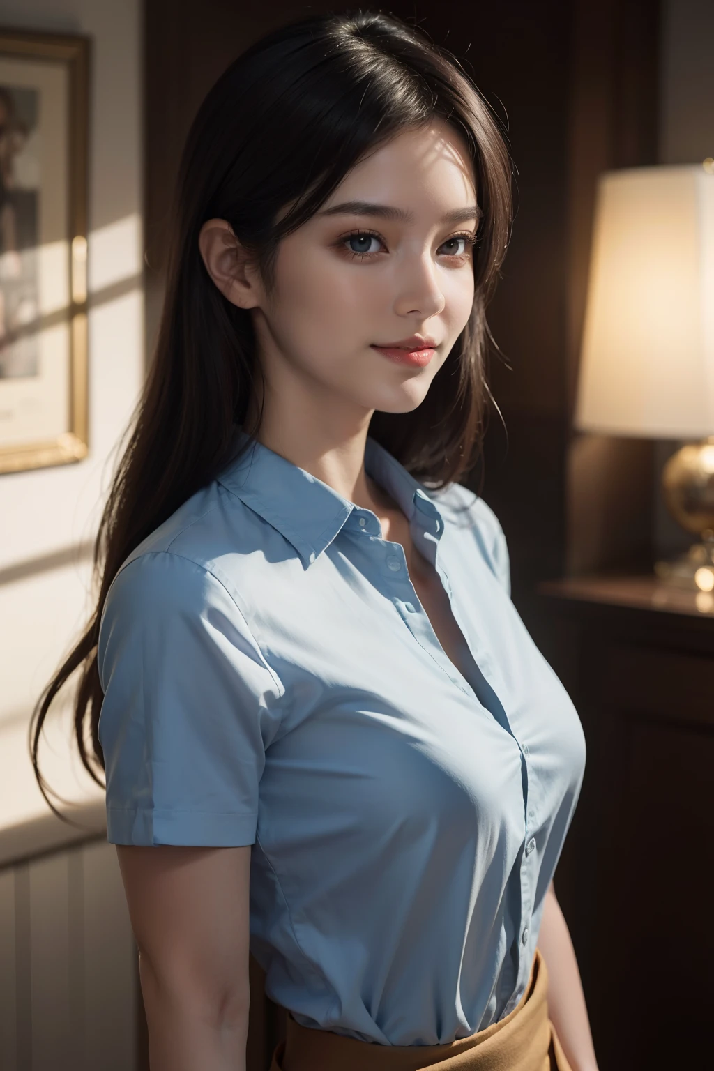 best quality, masterpiece, (photorealistic:1.4), 1girl, light smile, shirt with collars, waist up, dramatic lighting, from below