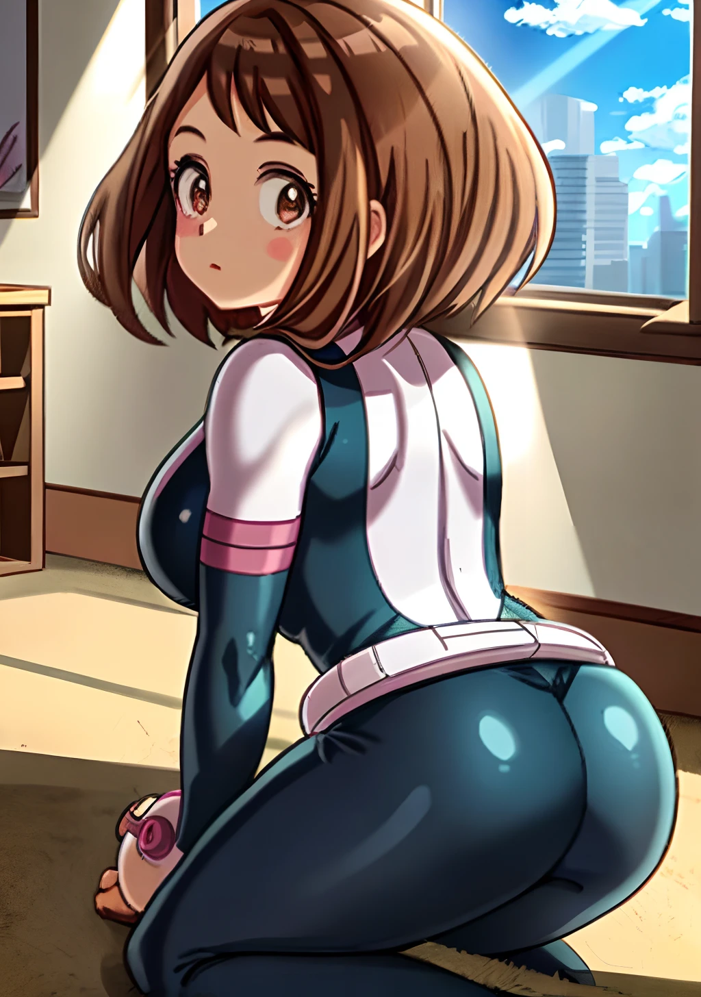 [ochako uraraka; Boku no hero academia], ((high quality)), ((solo portrait)), ((back view)), ((full body)), ((HD)), ((anime)), ((cel shading)), ((detailed shading)), ((intricate details)), {ochako, (rosy cheeks), big round brown eyes, short brown hair, short eyelashes, large boobs, (curvaceous hips), (beautiful lips), (expressionless)}, {(hero costume), (bodysuit)}, {(all fours), (looking back)}, [Background; (living room), (window), (blue sky)]