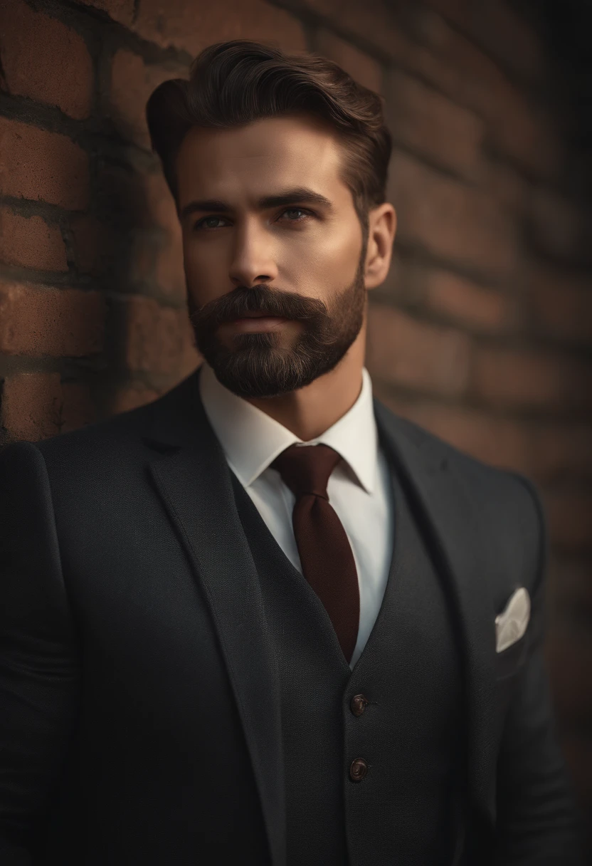 (best quality,4k,8k,highres,masterpiece:1.2),ultra-detailed,(realistic,photorealistic,photo-realistic:1.37), portraits, (oil,acrylic:1.1) painting, (middle-aged,gentleman:1.1), handsome detailed face, piercing detailed eyes, well-defined nose, expressive detailed lips, well-groomed beard, neatly combed hair, stylish tailored suit, confident and charismatic pose, standing in front of a vintage brick wall, with soft, warm, natural light casting a gentle glow on his face, creating a captivating ambiance.