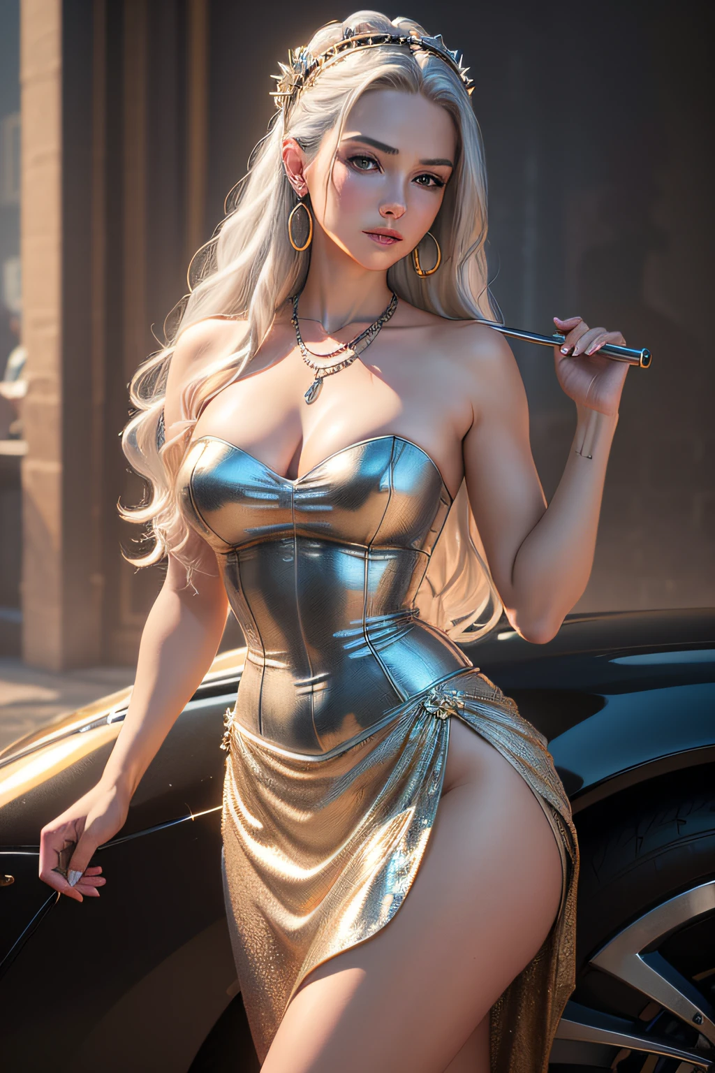 (best quality,4k,8k,highres,masterpiece:1.2),ultra-detailed,(realistic,photorealistic,photo-realistic:1.37),Laura: Luxury Wheel V1 Edition, Saint Louis (Luxury Wheel), 1 girl, hair accessory, hoop earrings, necklace, portrait, silver skirt, revealing clothing, looking through viewer, solo performance