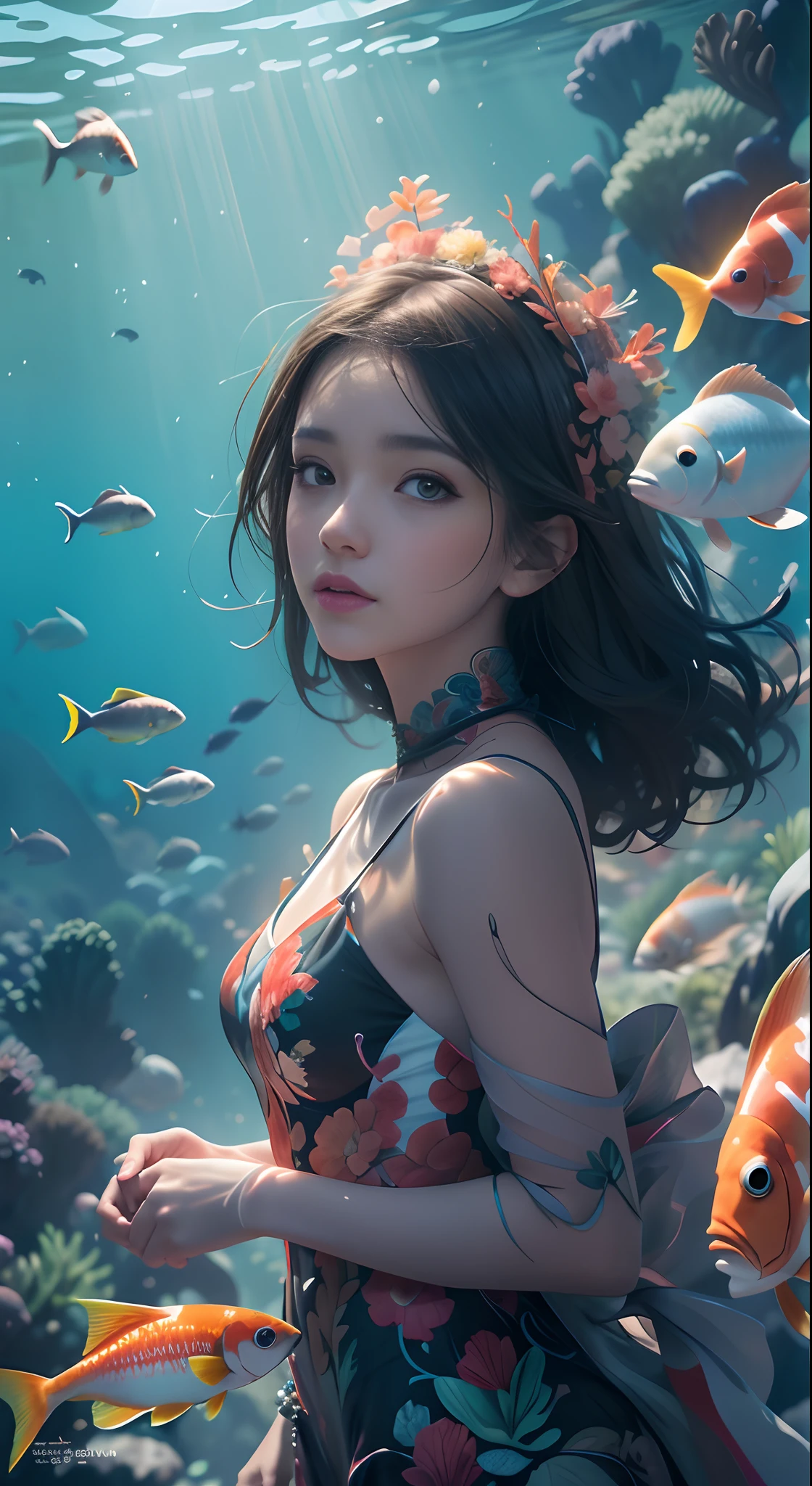 A bikini Japanese woman, in a detailed hôtel room inside a giant aquarium, oily skin, detailed face, beautiful detailed eyes and lips, luxurious appearance, relaxed posture, looking through the glass wall, surrounded by colorful tropical fish, vibrant underwater lighting, stylish decor, high-quality portrait, high-resolution rendering, vivid colors, professional photography