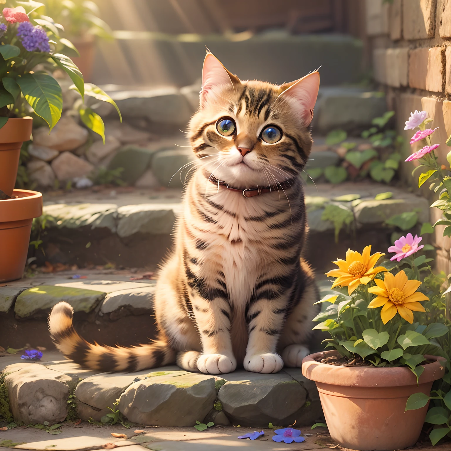 child, Round eyes cute cat,Sit on the stone steps, flower pots,rays of sunshine