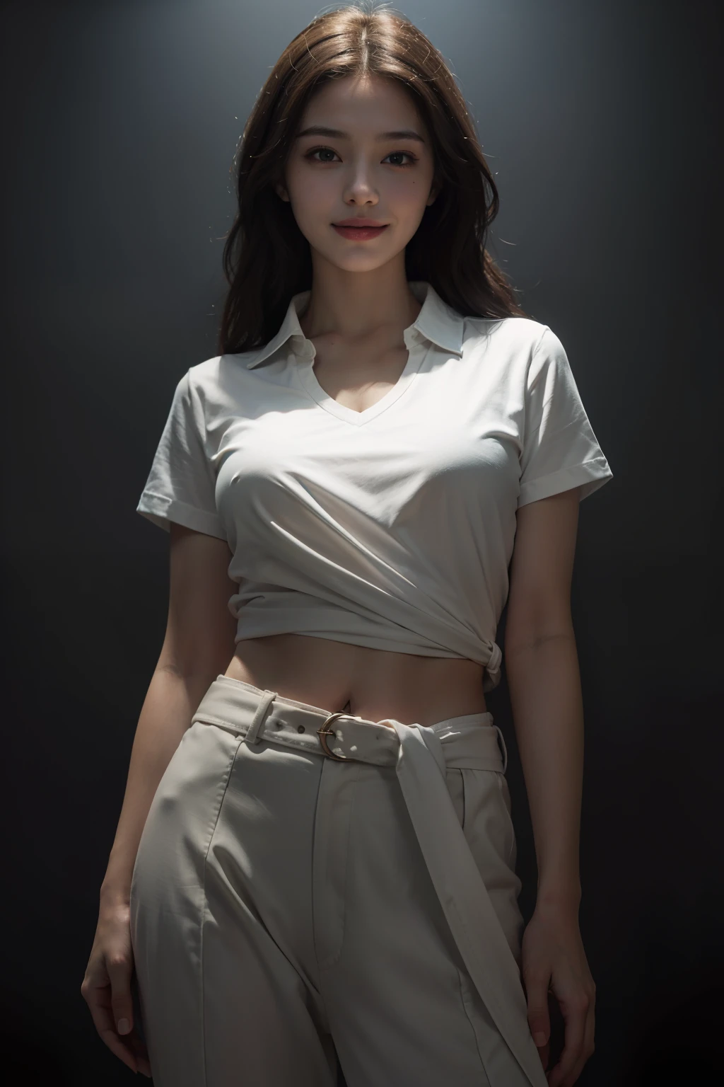 best quality, masterpiece, (photorealistic:1.4), 1girl, light smile, shirt with collars, waist up, dramatic lighting, from below