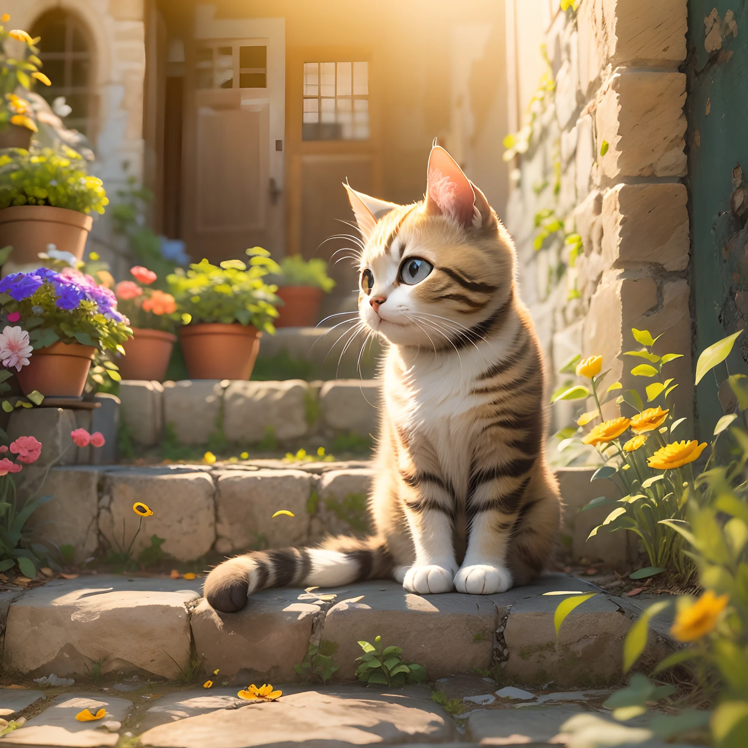 child, Round eyes cute cat,Sit on the stone steps, flower pots,rays of sunshine