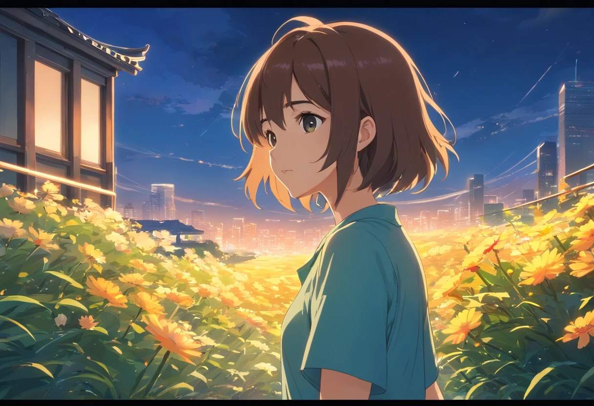 Best quality at best，tmasterpiece，The is very detailed，Face details，8K, detailed back ground，Pure landscape view，独奏，Chinese city，Chinese service，the night，themoon，scenecy，high place，horizon，ventania，wind blown，flowerbed