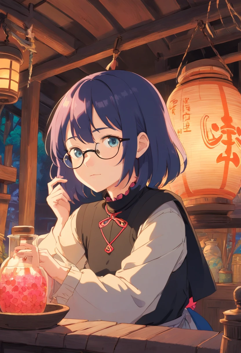 a handsome man with short black hair and white skin taking care of a girl with pale skin and short pink hair and blue eyes wearing a black choker and black clothes with glasses sick and sad, in a hut, colorful animation stills, masami teraoka, paul gauguin, Embry style, honest portrayal, healing potions