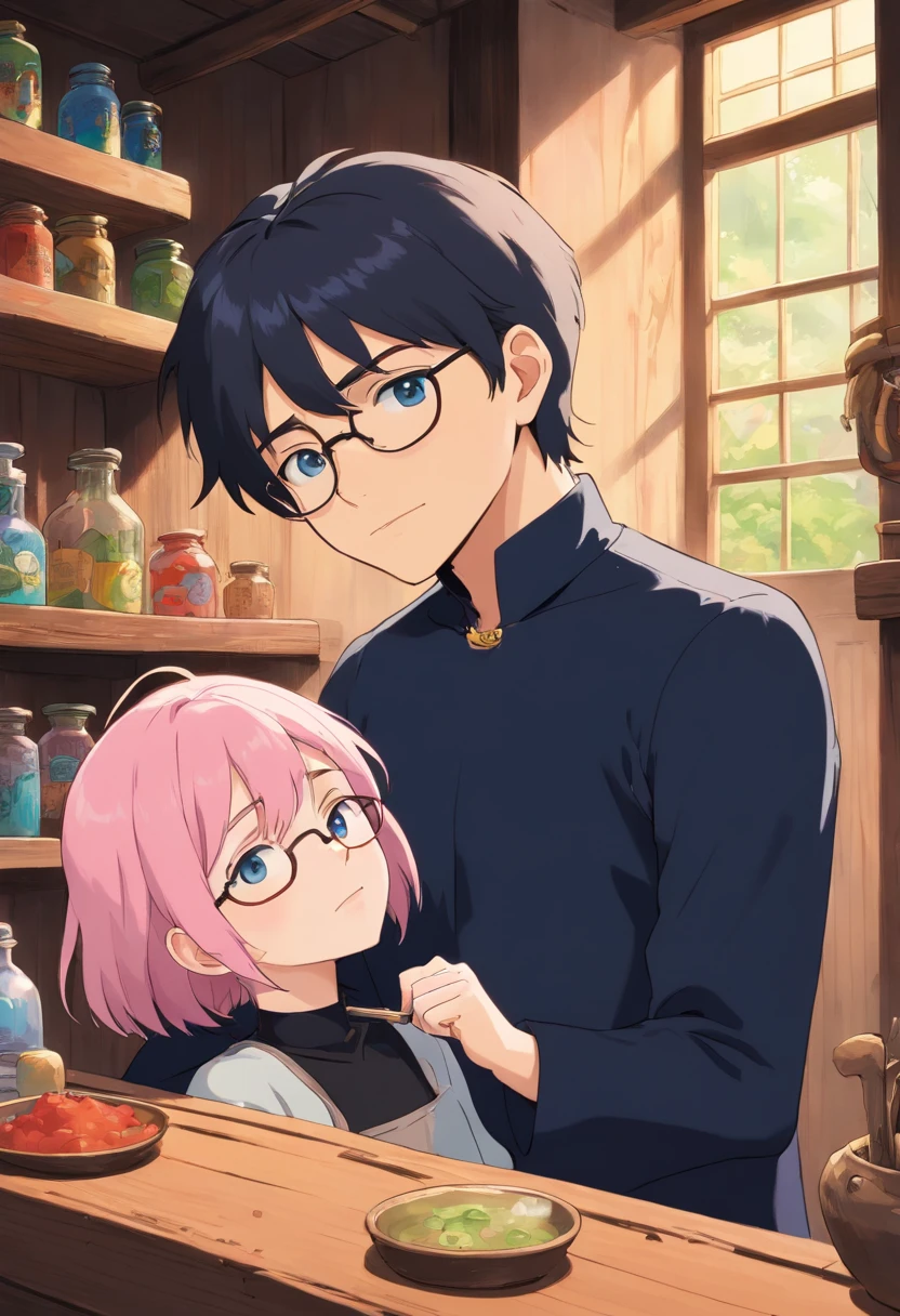 a handsome man with short black hair and white skin taking care of a girl with pale skin and short pink hair and blue eyes wearing a black choker and black clothes with glasses sick and sad, in a hut, colorful animation stills, masami teraoka, paul gauguin, Embry style, honest portrayal, healing potions