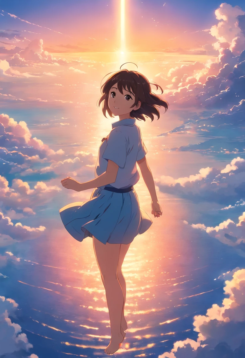 masterpiece, best quality, movie still, 1girl, cloud girl, floating in the sky, close-up, bright, happy, warm soft lighting, sunset, (sparks:0.7)