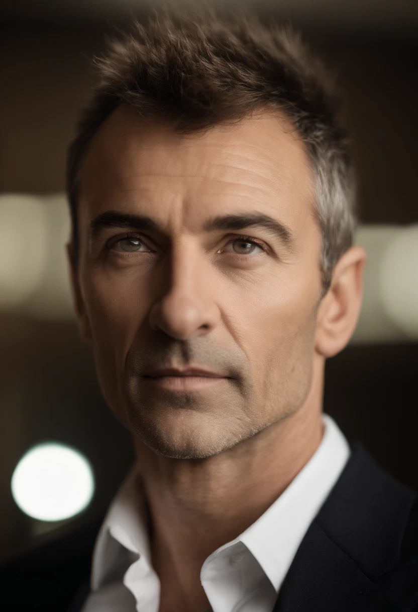 Cinematic portrait , a handsome man, Tall and fit, (50 years old:1.1), (shaven:1.2), (short brown spiky hair :1.5),(very short spiky hair:1.6). black tight suit, white shirt . Minimalistic background, clean composition, strong details, Muted Colours, Hasselblad, style raw