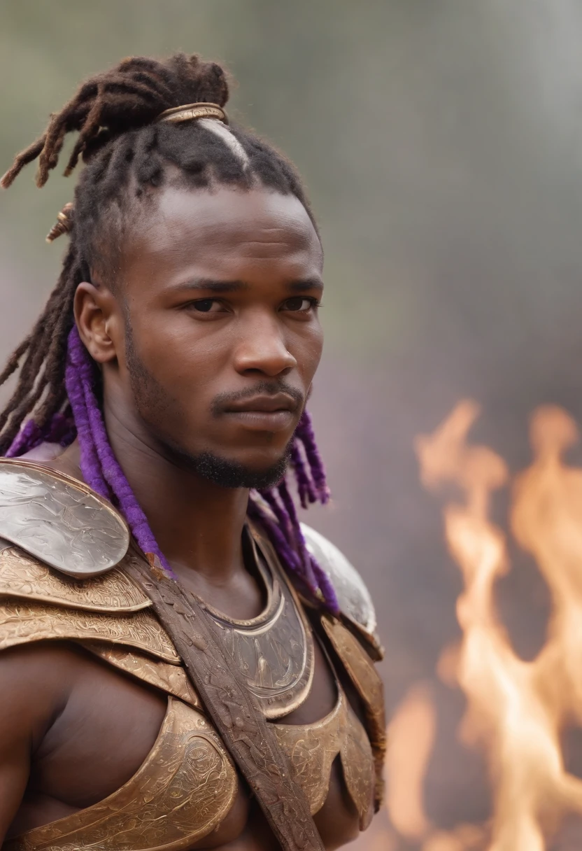 Juvenile African gladiator with Grey dreadlock hair in a glorious african native armour inside an ancient oracle background bursting in purple golden flames,close up of a man with a sword and a concept art of a warrior, heroic fantasy character concept, warrior character design, 8 k character concept art, 8k character concept art, art character, cinematic lighting
