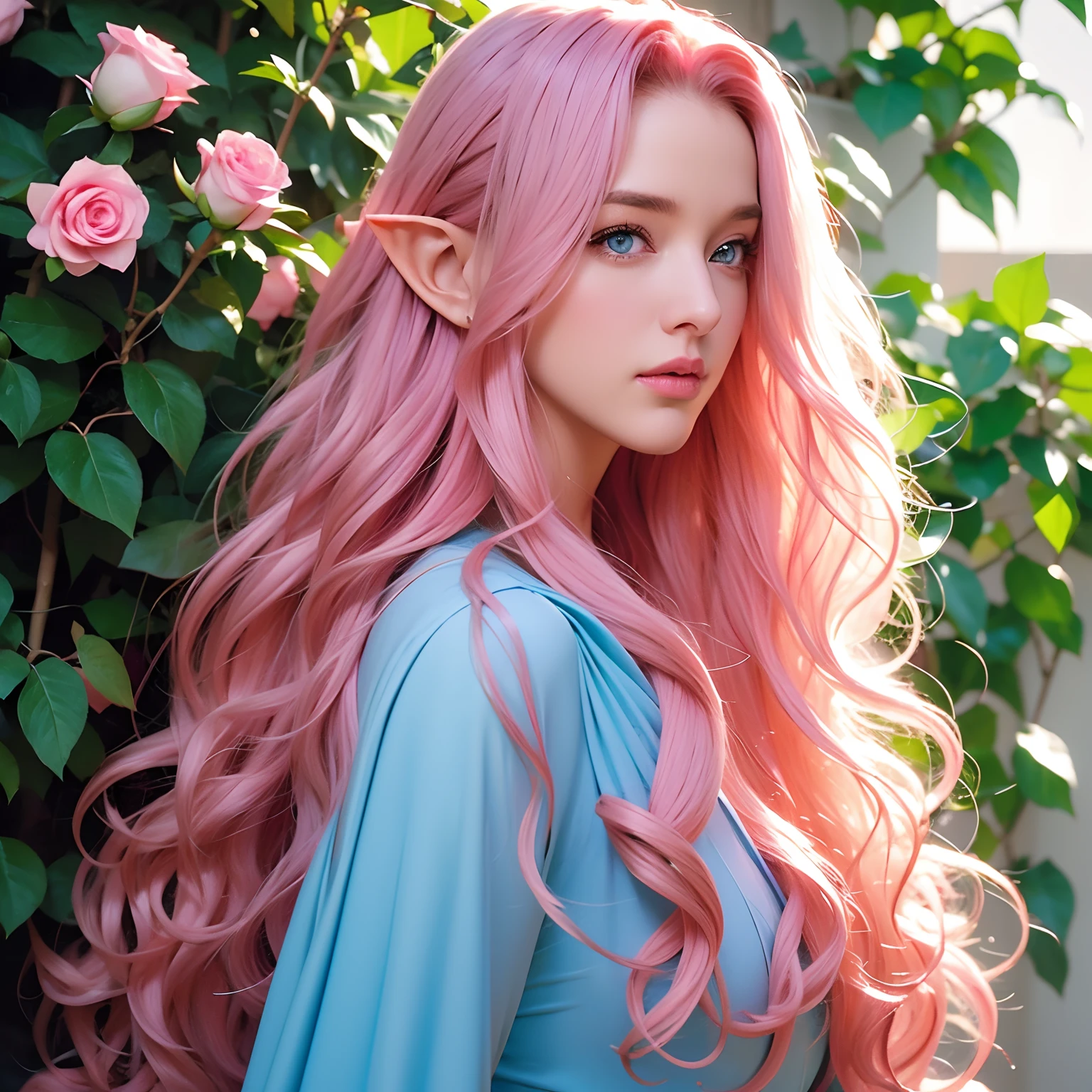 Woman, long curly hair, pink hair, blue eyes, elf, holding a rose, plant