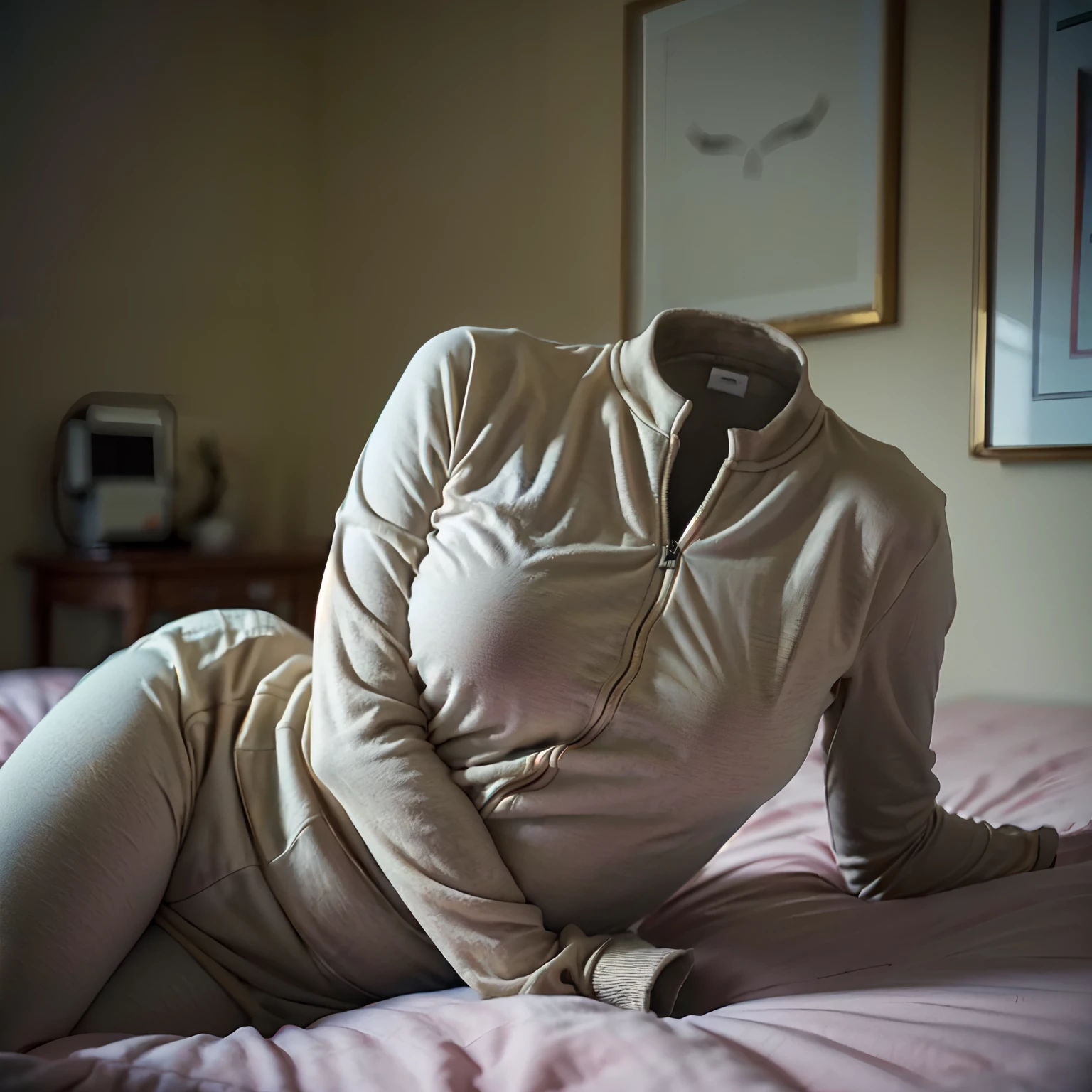 (invisible, no humans, headless, handless, faceless:1.5),(cute big breasts:1.5), hoodie, white pantyhose, on bed, (8k, RAW photo, best quality, masterpiece:1.2), (realistic, photo-realistic:1.37), photon mapping, radiosity, ((Hasselblad photography)), physically-based rendering