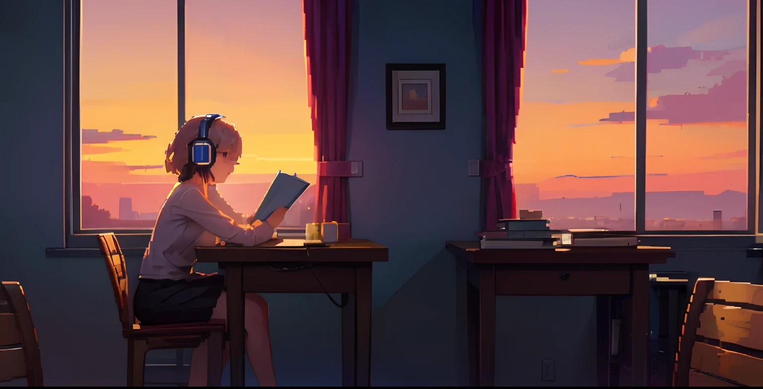 Woman sitting at a study table reading a book, evening, sunset, Next to the window, Pixel art, Using headphones