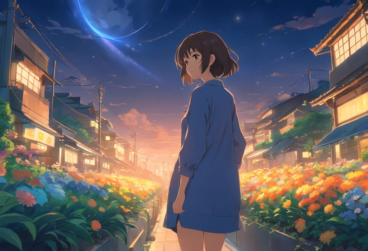 Best quality at best，tmasterpiece，The is very detailed，Face details，8K, detailed back ground，There are no characters，There are no roles，Pure landscape view，独奏，Chinese city，Chinese service，the night，themoon，scenecy，high place，horizon，ventania，wind blown，flowerbed