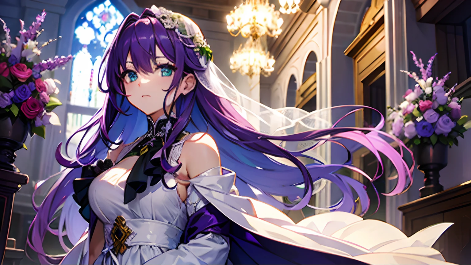 weddingdress、Purple hair、green colored eyes、eye glass