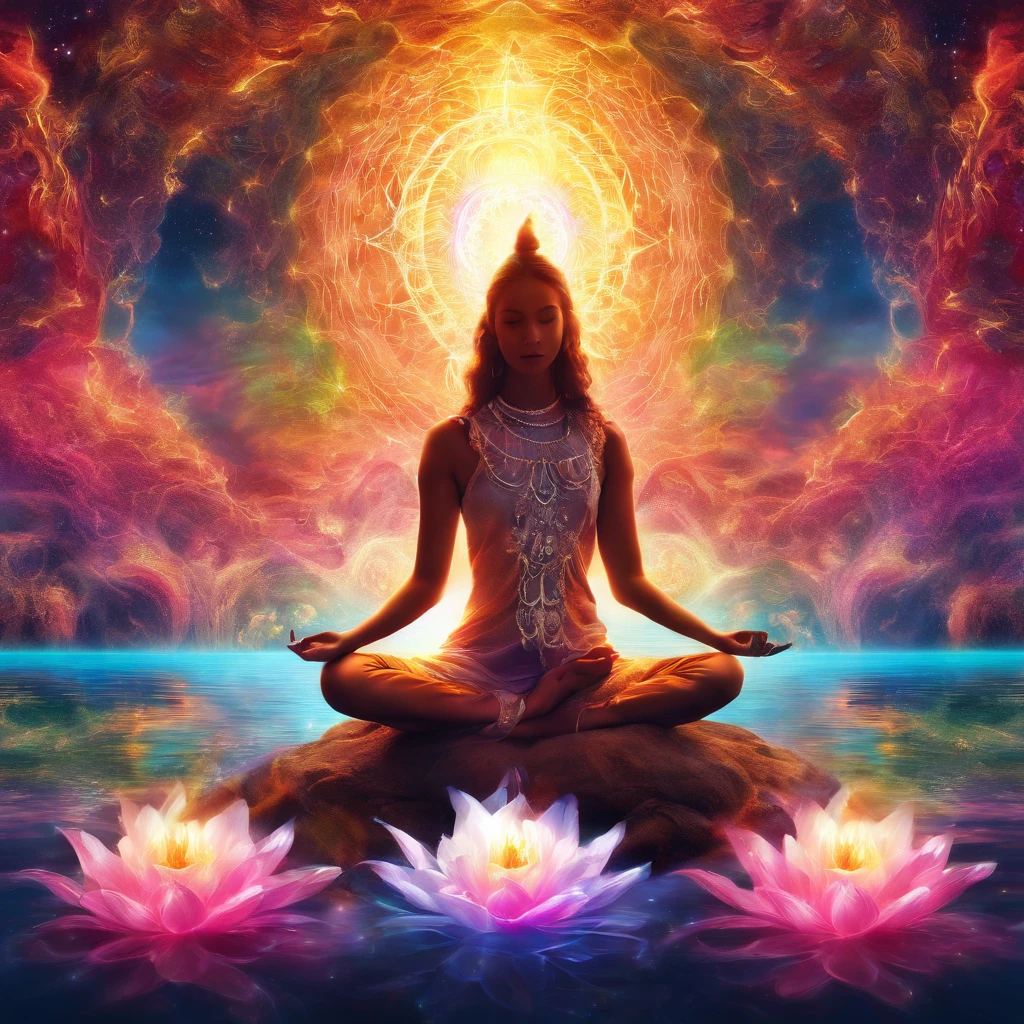 Light spectrum of yoga position with the seven chakras around, vibrant colors pink lilac blue white An explosion of colors, Linda mulher de branco sentada, black curly hair over water lilies, coisas complexas ao redor, complexo em segundo plano, Espiritual, divino, sonhe como, cosmic, surpreendente, Deus, pineal gland, sonhe como, (papel de parede extremamente detalhado da unidade CG 16k:1.1), (Noise removal force: 1.45), (obra-prima:1.37), hiper-realista, Deus rays, Rastreamento de raio, UHD, premiado