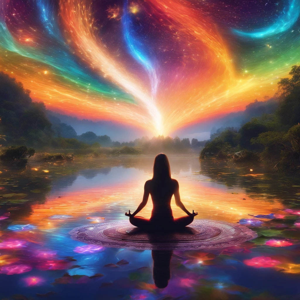 Yoga position light spectrum with the seven chakras around, vibrante colorsa colorslashh An explosion of colors, Beautiful woman in white sitting on water lilies, complex stuff around, intricate in the background, Spiritual, divine, dreamlike, cosmic, mind blowing, god, pineal gland, dream like, (extremely detailed CG unity 16k wallpaper:1.1), (Denoising strength: 1.45), (tmasterpiece:1.37), hyper realistic, god rays, ray tracing, UHD, award winning