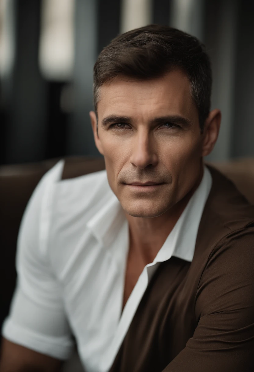 Cinematic portrait , a handsome man, Tall and fit, (50 years old:1.1), (shaven:1.2), (short brown hair :1.5),(very short hair:1.6). black tight suit, white shirt . Minimalistic background, clean composition, strong details, Muted Colours, Hasselblad, style raw