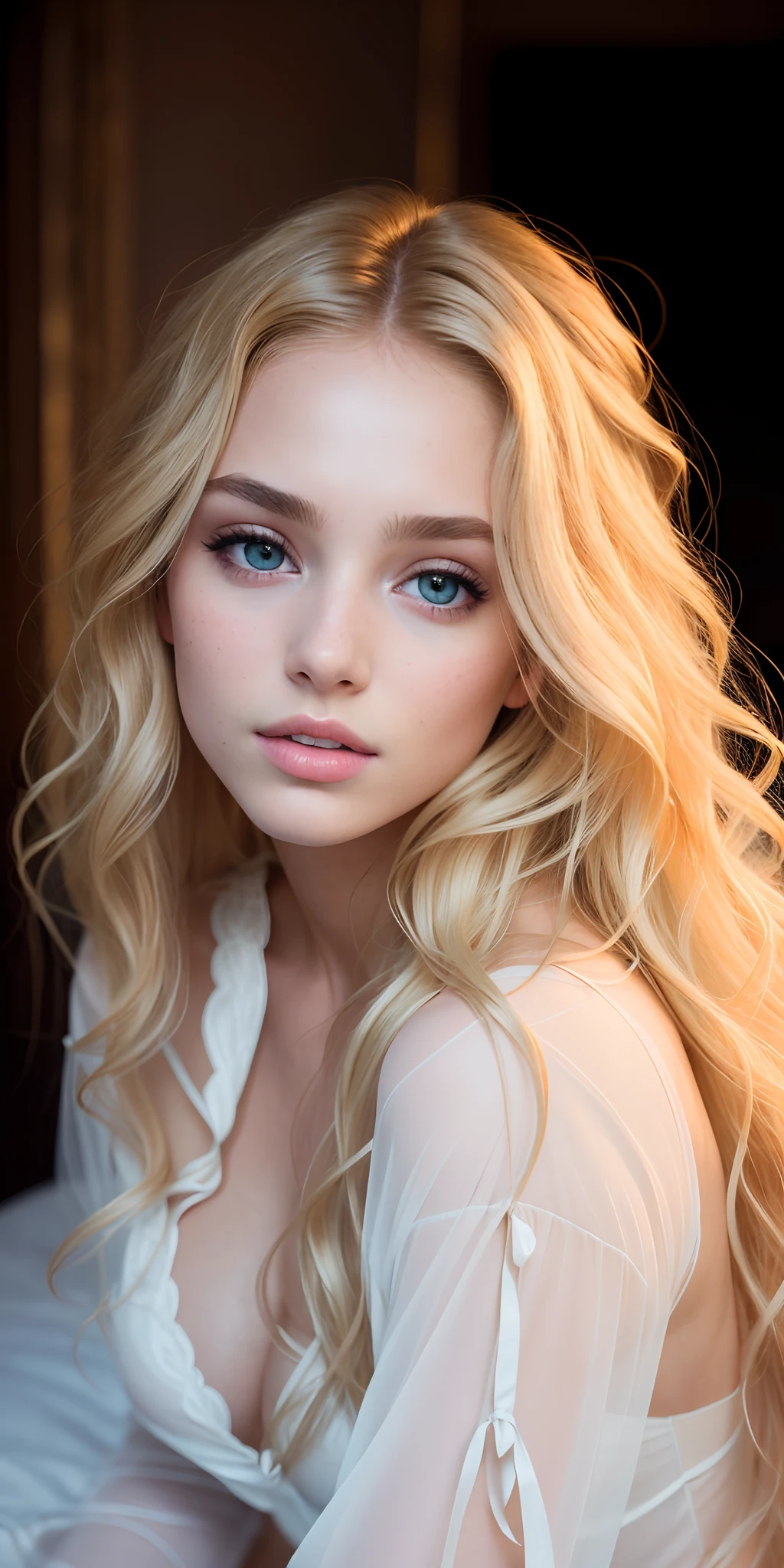 Photo of a 20-year-old European girl, raw, Beautiful woman, (Extra long wavy blonde hair), ((Portrait)), ((Detailed face:1.2)), ((detailed facial featureinely detailed skin), pale skin, beach environment, Lying on the bed, (cold color), moist, moist, Reflectorasutepiece) (perfectly proportions)(photos realistic)(Best Quality) (Detailed) photographed in a Canon EOS R5, 50mm Lens, F/2.8, nffsw, (8K) (Wallpaper) (Cinematic lighting) (Dramatic Lighting) (foco nítido) (Convoluted) Fashion, From above
