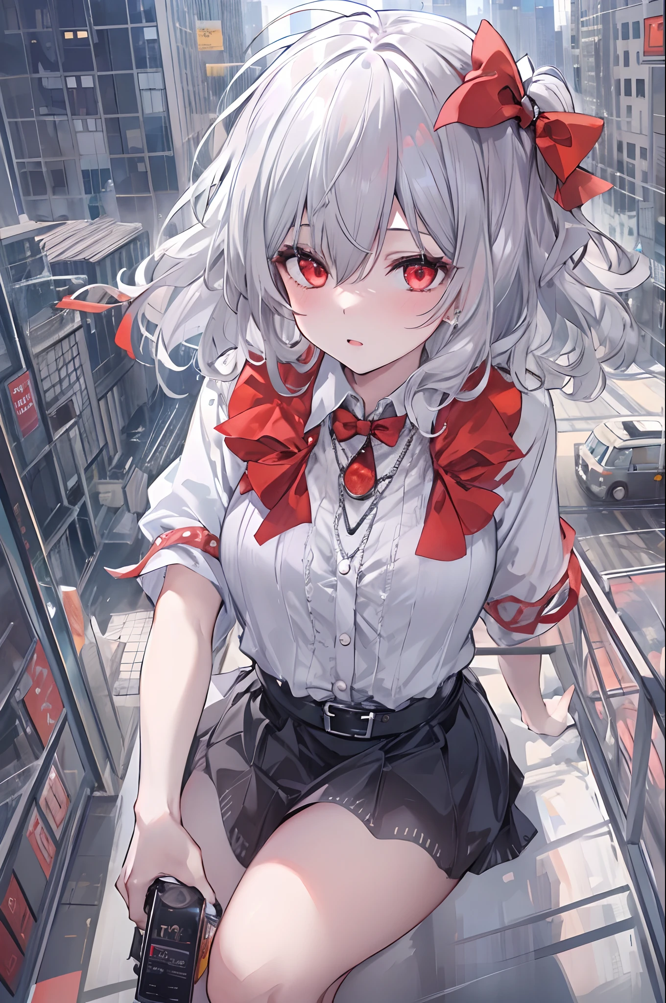 best quality,masterpiece,1girl,silver hair,disheveled hair,curly_hair,shirt,skirt,kawaisou,JK,red_bow,watchi,necklace,cityscape,8k raw photo,ultra high res,highest detailed,intricate,8k,HDR,