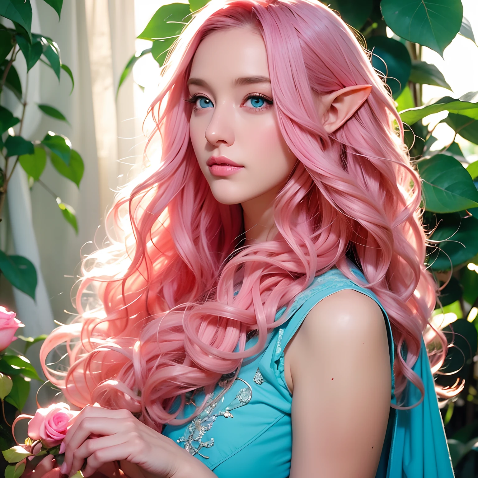 Woman, long curly hair, pink hair, blue eyes, elf, holding a rose, plant