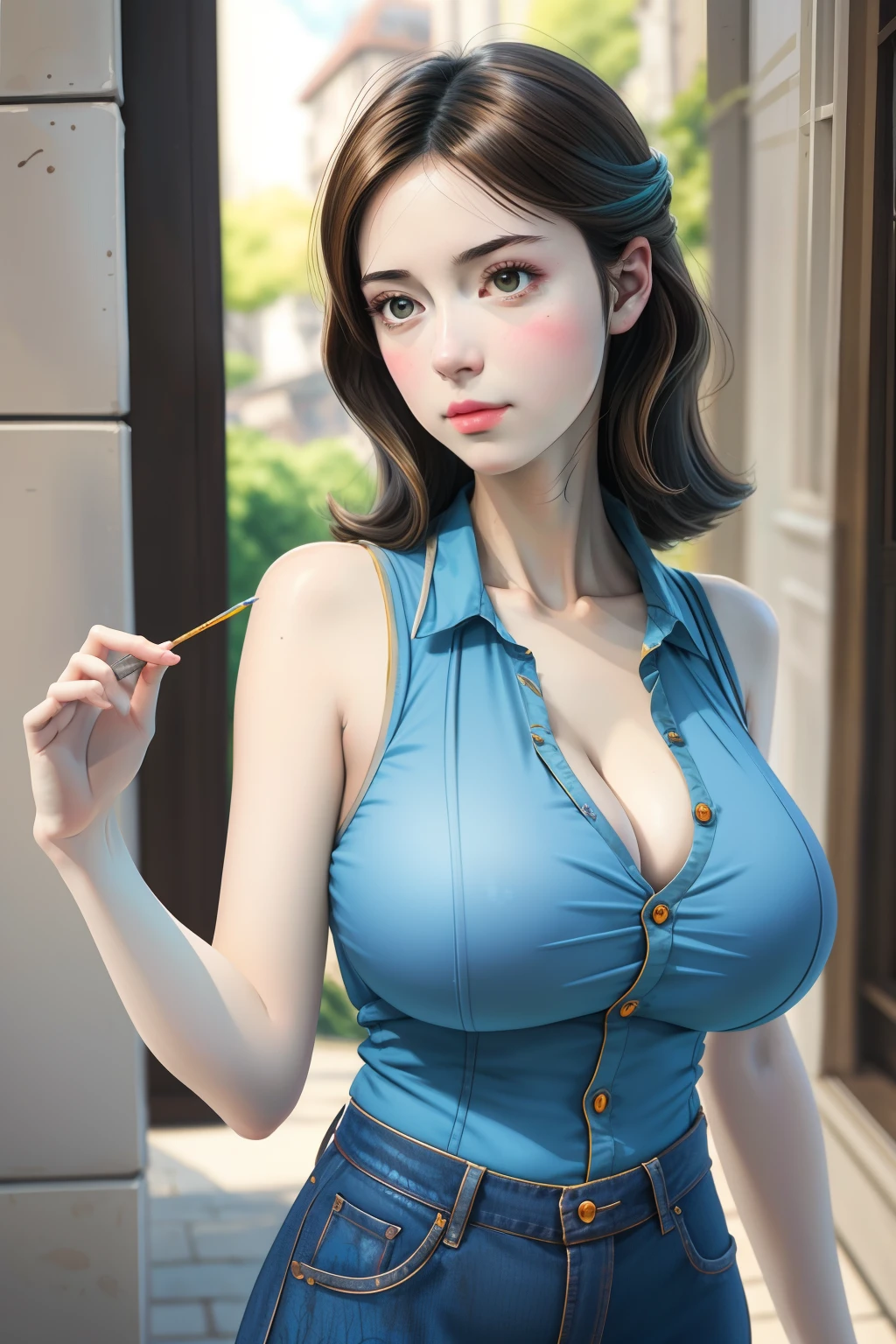 Brown hair, surrealism, Ghibli-like colors, Ghibli-like colors, anime big breast, Standing painting, angle of view, foreshortening, foreshortening, 8K, Super detail,Women have full breasts and blue hair,hentail realism, shadowing,,character sheets, reference sheet, Standing painting, 8K, Super detail, 1080p, Women's HD,femele, 16k, A high resolution, Best quality, High quality, Anatomically correct, Masterpiece, ccurate, hyper HD,As graceful as a swan,unreal-engine, Ghibli-like colors, anime big breast, Standing painting, angle of view,battle armor,ssee-through,Lace skirt