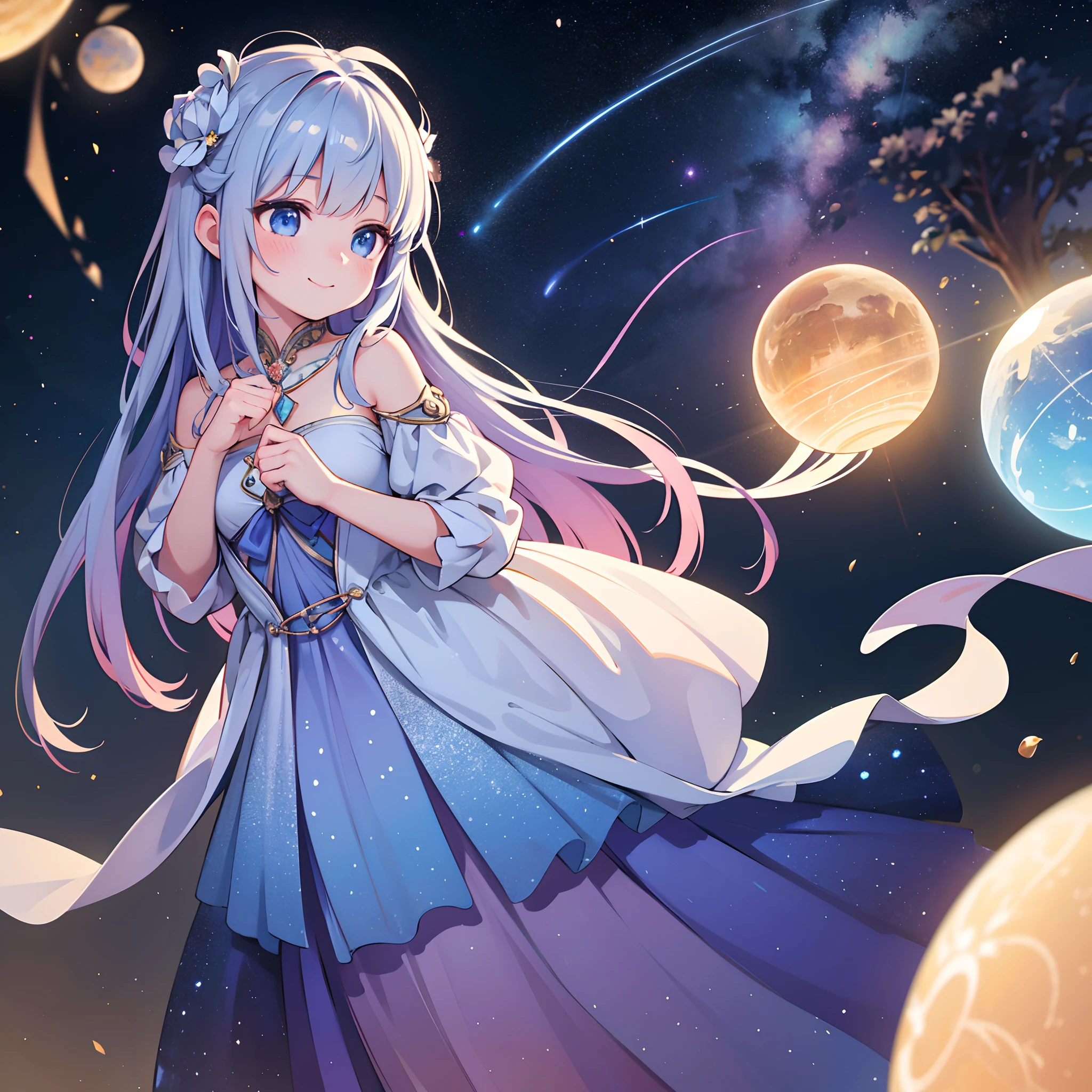 space, orbs, cute, female, (best quality,4k,8k,highres,masterpiece:1.2),ultra-detailed,(realistic,photorealistic,photo-realistic:1.37), glowing lights, ethereal, vibrant colors, mystical atmosphere, starry sky, magical planets, delicate features, dreamy eyes, rosy cheeks, elegant pose, flowing gown, floating in zero gravity, gentle smile.
