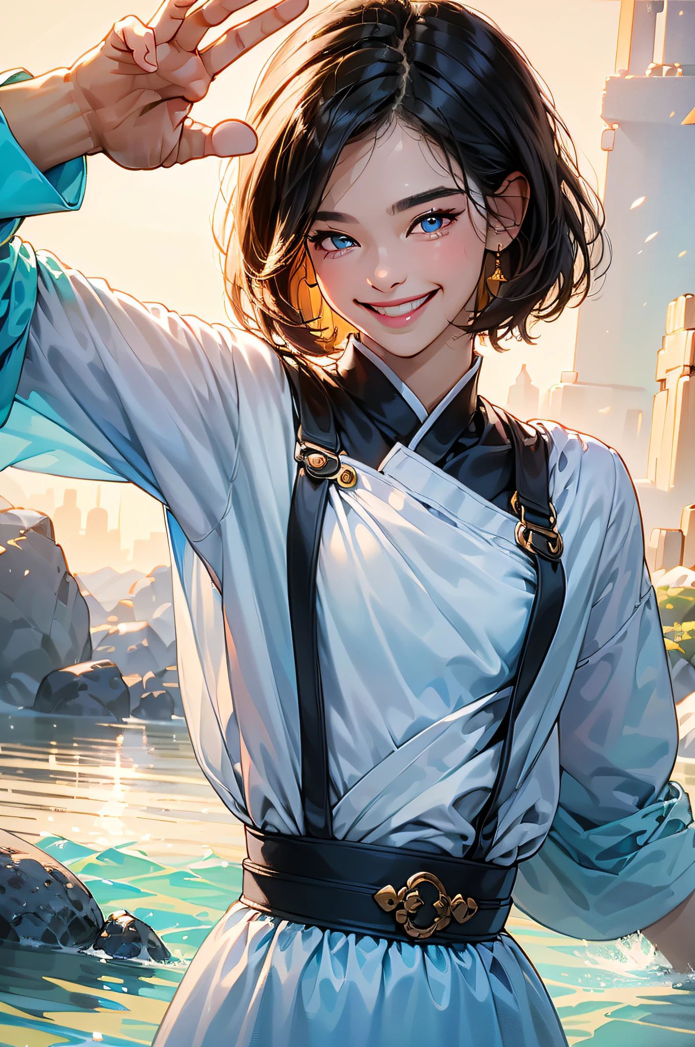 (in 8K、top-quality、masterpiece:1.2)、1人の女性、(Smiling smile:1.1)、beautidful eyes、Valley、The upper part of the body、shorth hair、Like a boy、bob cuts、red view、