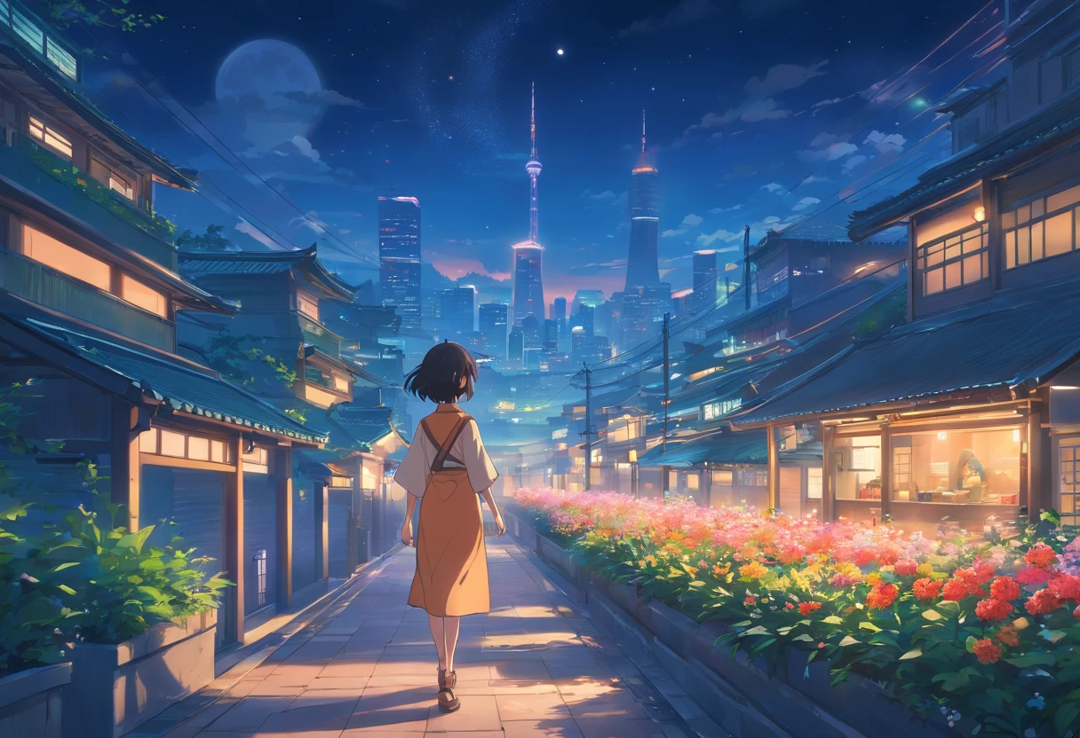 Best quality at best，tmasterpiece，The is very detailed，Face details，8K, detailed back ground，There are no characters，There are no roles，Pure landscape view，独奏，Chinese city，Chinese service，the night，themoon，scenecy，high place，horizon，ventania，wind blown，flowerbed