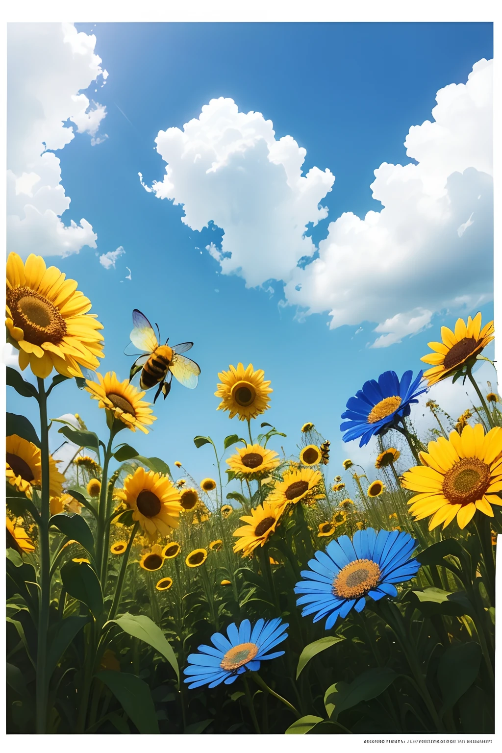 A pattern of cute amd adorable bees and flowers against blue sky, printable --auto