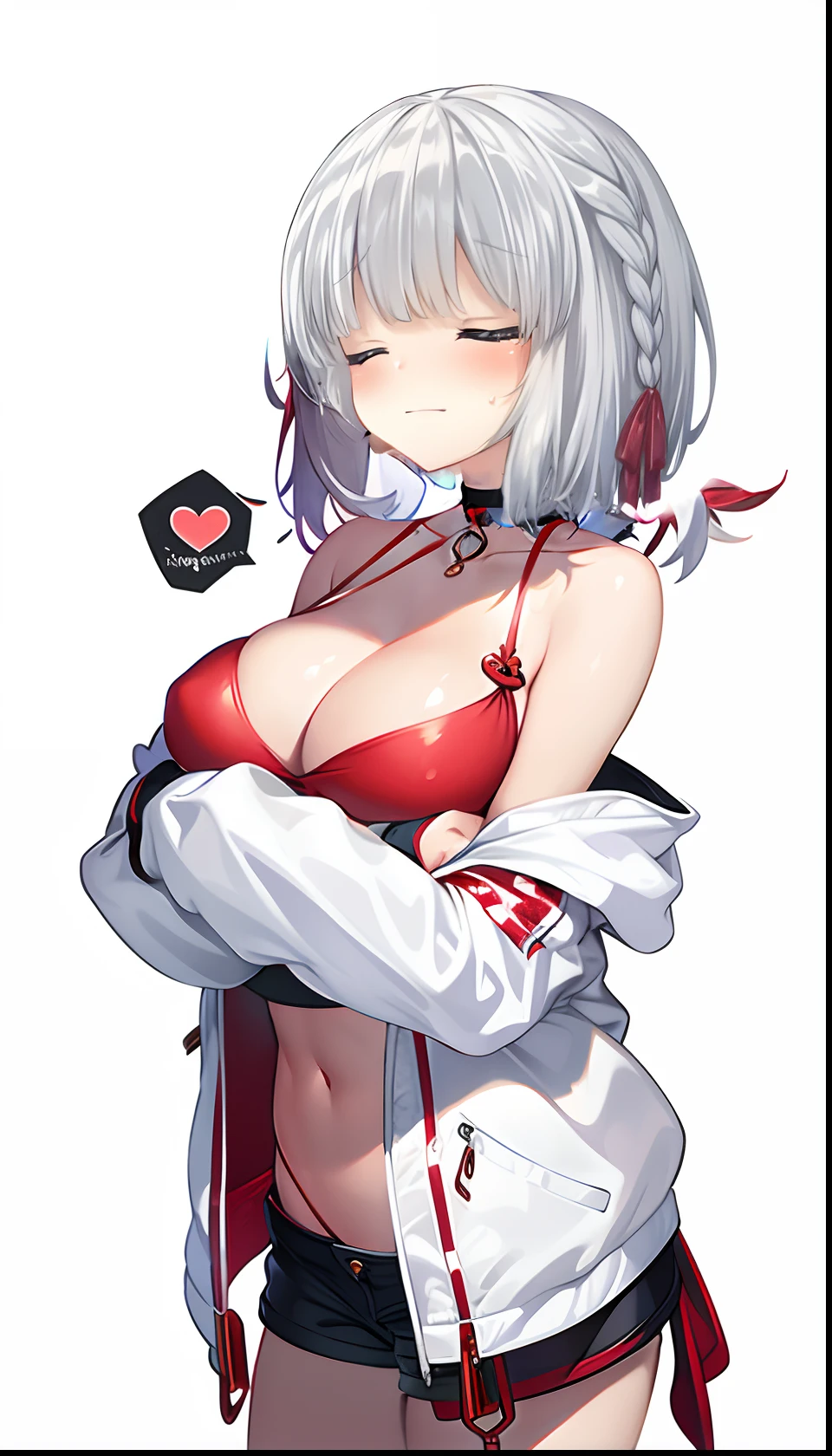 Red bikini、Colossal tits、(((masterpiece)))、(top-quality)、tre anatomically correct、(Best Quality:1.3), Large breasts, cleavage, shinny skin、Soft skin、shorth hair、an anime girl、Bare arms、bared legs、a choker、parka、Put your arms together、Bring your chest together