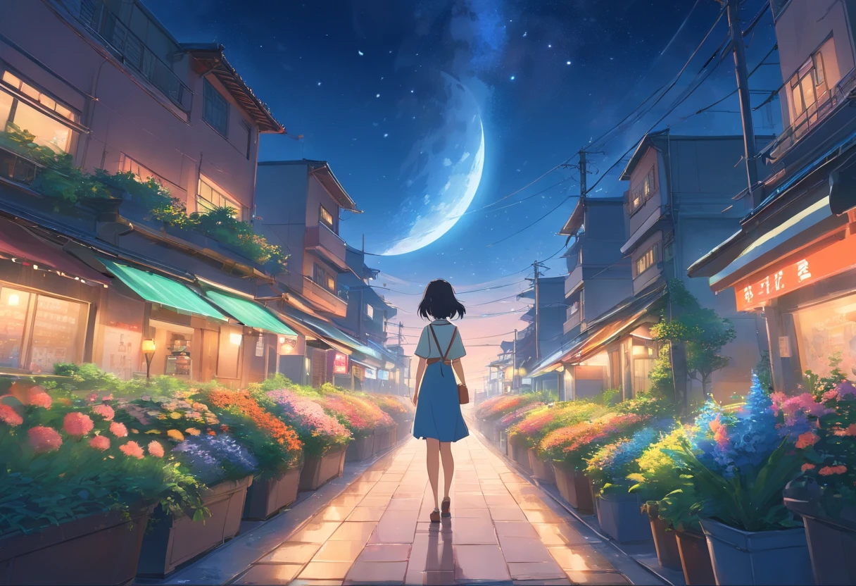 A woman walking down a street at night with a crescent in the sky ...