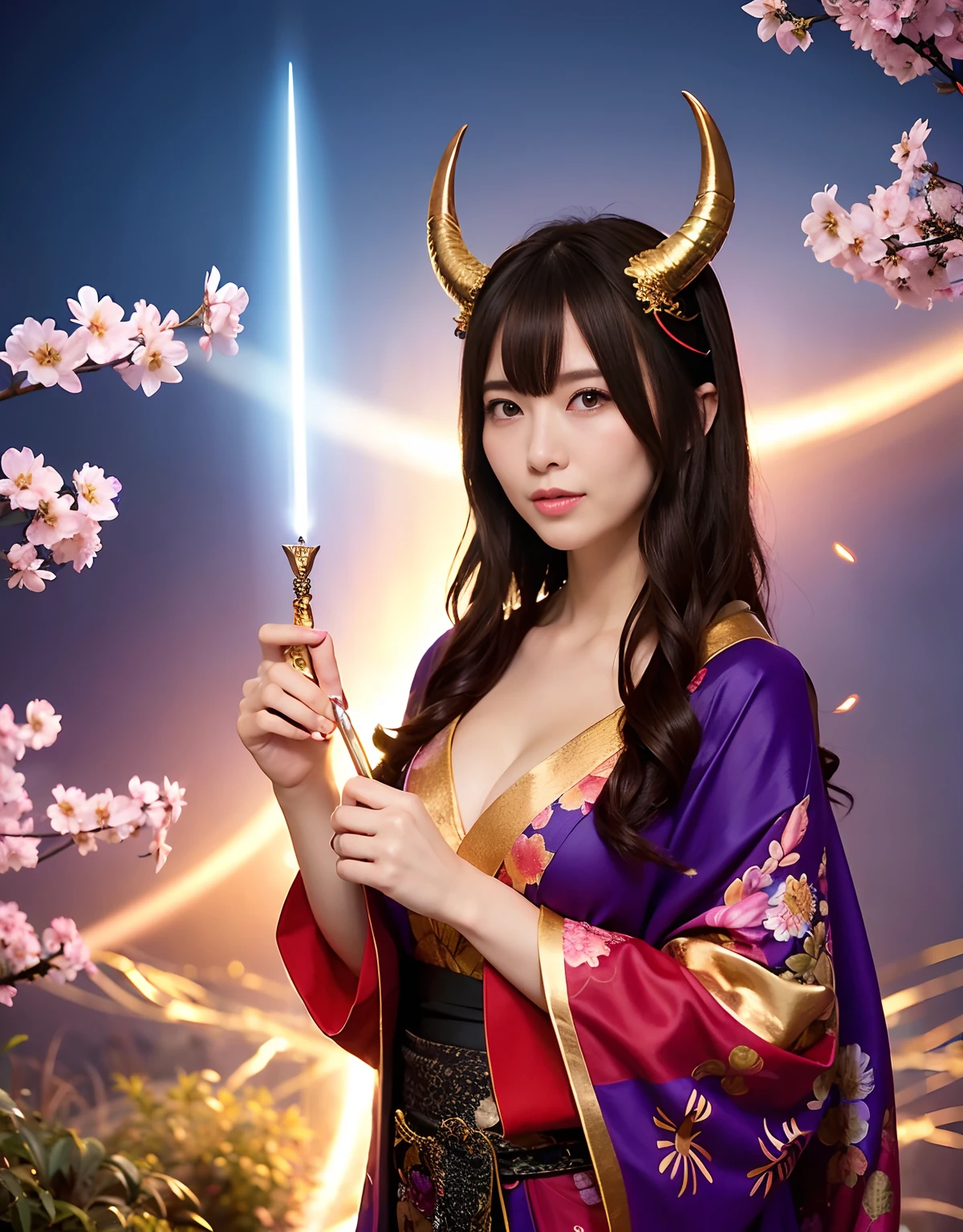 ((World of Darkness)),Professional , masterpiece、top-quality、photos realistic , depth of fields 、Dark Fantasy、(Ultimate Beauty)、(shooting stars:0.9)、(nebulas:1.3)、A dark-haired、(White bikini armor)、()、(natta)((Fight dragons)),(Wear a beautiful kimono),(Wear a beautiful kimono with colorful floral patterns)、Jewel Gold Weapon、Particles of light),(Has a devil's mask)、Gorgeous gold weapons ,(( Gorgeous Dragon Sword)) , (Fox Mask),,(maikurobikini) 、((Black Haired Beautiful Girl))、(Castle background)、(demonic wings)、((Gangle's forest background))、Beautiful Caucasian beauty、1a person、dynamic ungle,(((Two devil's horns on the head)))、Smaller head、Idle Smile、Thin and beautiful female hands、Mystical expression、Light Effects、intense fighting、Wind-effect、magic circles、With the legendary magic wand、Dragon's tail、