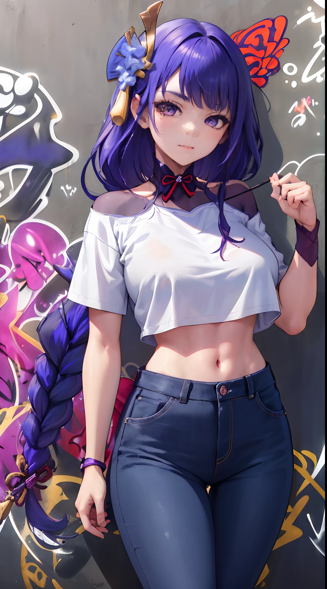 Kujou Sara Genshin Effect, masterpiece, bestquality, 1girls, bara, crop top, Long Jean Jan Shirt, shorts jeans, choker, (Graffiti:1.5), color splashes, arm behind back, against wall, looking at the audience, bracelet, Thigh strap, Head tilt, bored, multicolored hair, water eyes, headset, sexy