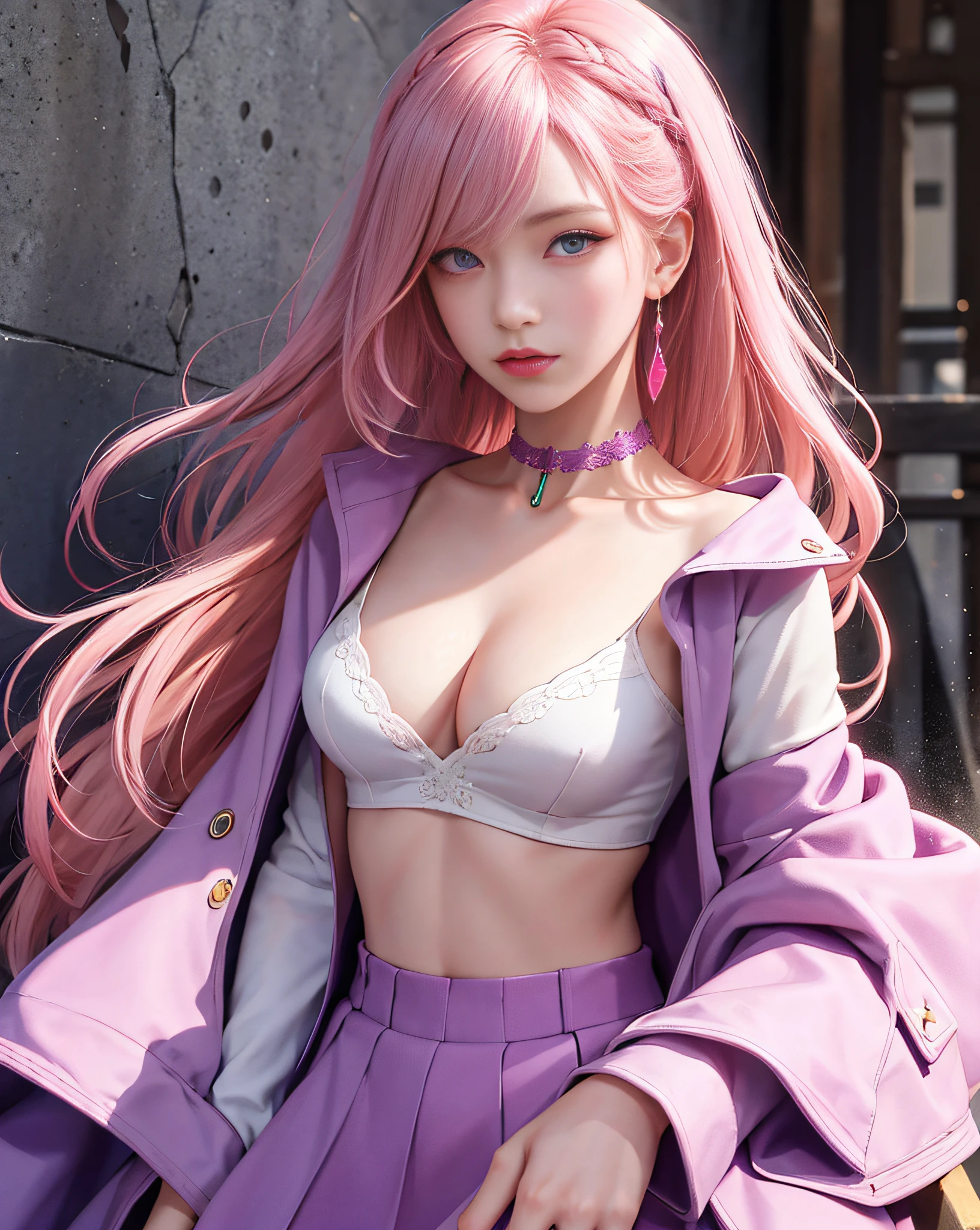 (masterpiece, best quality, 1girl, solo, intricate details, chromatic aberration), realistic, ((medium breath)),long hair, pink hair, red head ornament, pink highlights, hair over one eye,purple eyes, earrings, sharp eyes, choker, neon shirt, open jacket, crop top, (symmetry eyes),(perfect symmetrical body),against wall, brick wall, graffiti, dim lighting, alley ,look at viewer