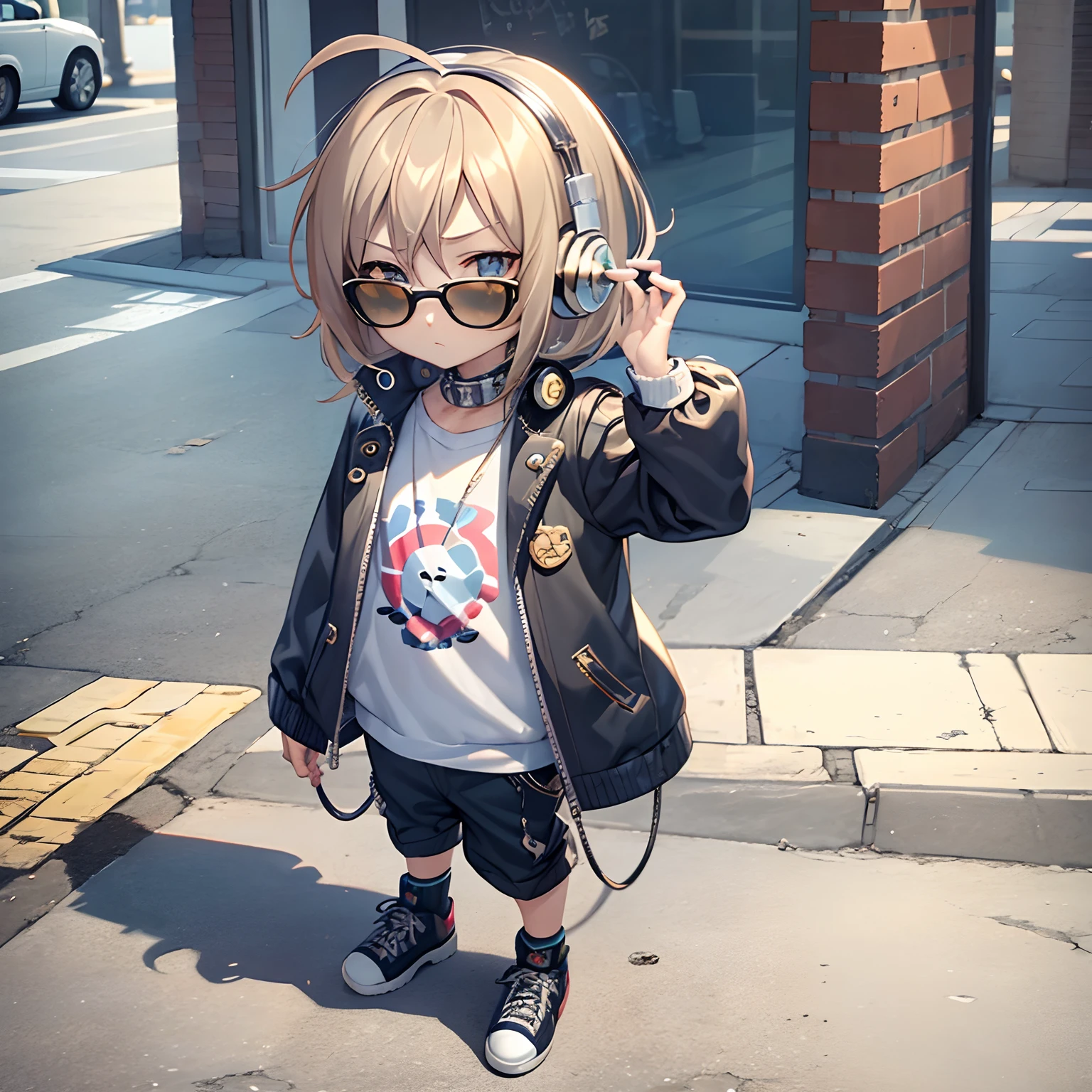 C4tt4stic, Cute 10 year old girl,Cartoon on a jacket and skateboard, Sunglasses,Headphone neck,